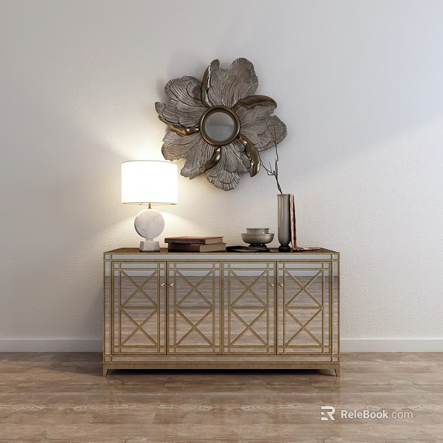 Elegant Console Table With Gold Frame Geometric Pattern Decorative Mirror Table Lamp And Vase 3d model