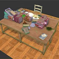 Wooden Dining Table with Books Lamp Cup and Chair on Wooden Parquet Floor