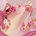 Festive Pink Christmas Cabin with Snowy Roof Reindeer and Star Decorations