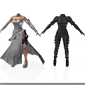 Elegant Woman in White Gown with Long Gloves and Black Armored Outfit