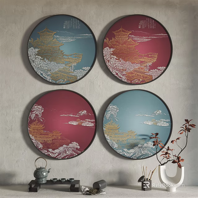 Traditional Chinese Round Frame Paintings with Architectural Cloud Patterns and Blue Red Backgrounds 3d model 