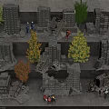 Collapsed Industrial Factory Site With Trees Damaged Buildings And Worker Figures