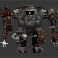 Colorful Pixelated Block Creature Holding Blue Sword And Decorated Shield