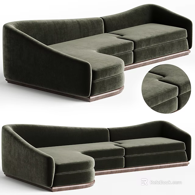 Modern Dark Green Velvet Sectional Sofa With Curved Design And Wooden Base 3d model 