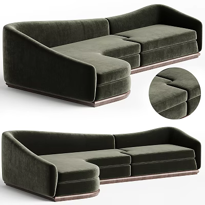 Modern Dark Green Velvet Sectional Sofa With Curved Design And Wooden Base 3d model