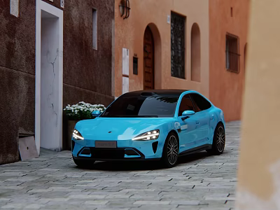 Blue Sports Car On Narrow Stone Paved Street 3d model