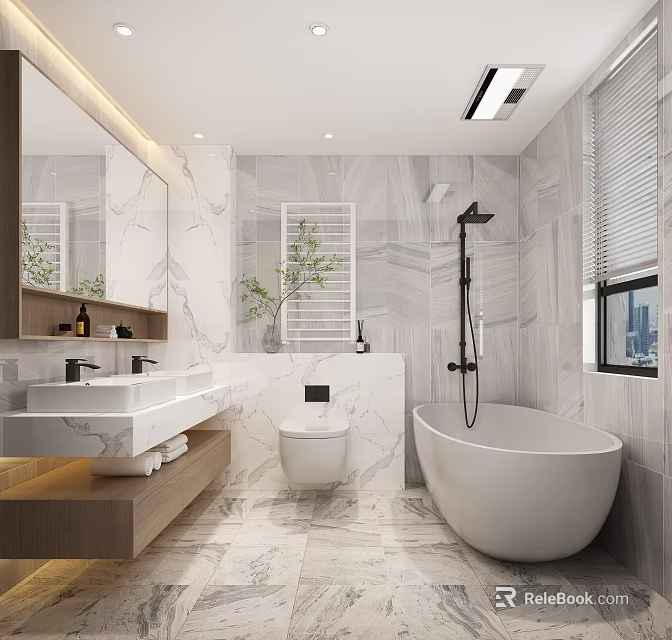 Modern Bathroom Interior Design With Marble Walls Bathtub Vanity And Mirror 3d model 