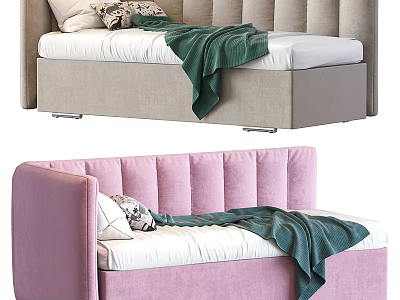 Beige And Pink Sofa Bed Designs With Soft Pillows And Green Blankets 3d model