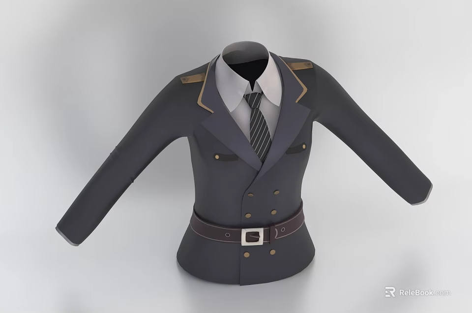 Dark Collared Double Breasted Military Uniform With Tie Epaulets And Belt 3d model 