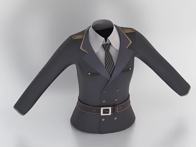 Dark Collared Double Breasted Military Uniform With Tie Epaulets And Belt 3d model