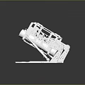 White Mechanical Structure Model On Black Reflective Surface With Gray Gradient Background