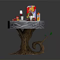 Rustic Tree Stump Wooden Table With Various Breakfast Items And Decorative Branch