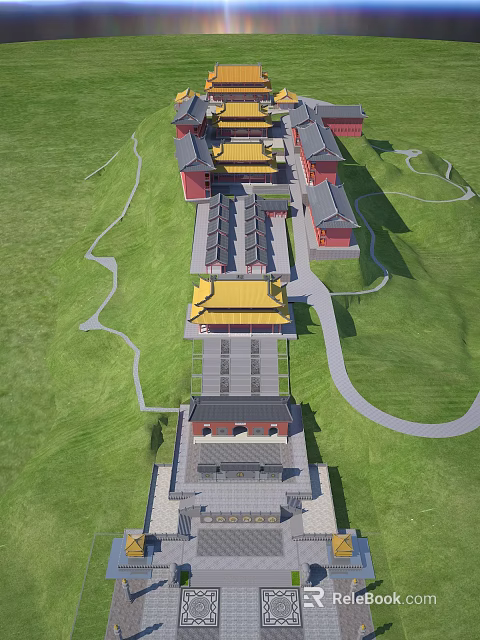 Traditional Ancient Chinese Architecture Complex with Yellow Roofs Red Walls and Green Grass Pathways 3d model 