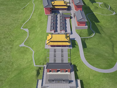Traditional Ancient Chinese Architecture Complex with Yellow Roofs Red Walls and Green Grass Pathways 3d model