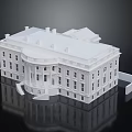 Residential Building Model with White Exterior Symmetrical Design Porch Steps and Reflection on Black Background