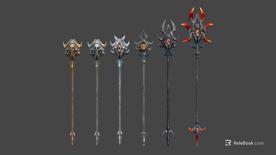 Variety of Ornate Fantasy Weapons with Decorative Heads and Unique Designs 3d model 