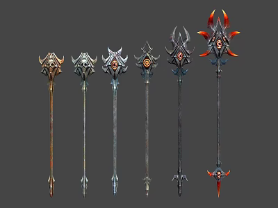 Variety of Ornate Fantasy Weapons with Decorative Heads and Unique Designs 3d model