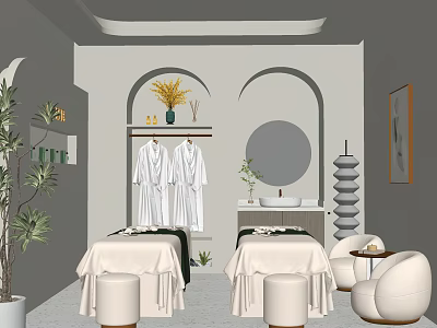 Modern SPA Sauna Room With Massage Beds Robes Plants And Cozy Atmosphere 3d model