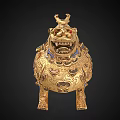 Golden Mythical Beast Ornament Decor Set With Intricate Patterns And Red Gemstone Eyes