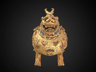 Golden Mythical Beast Ornament Decor Set With Intricate Patterns And Red Gemstone Eyes 3d model