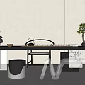 Modern Tea Table And Chairs With Metal Stools Small Potted Plant And Tea Set