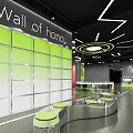 Modern Fitness Gym Reception With Circular Desk Green Logo SUSO DANCE Black Green Decor