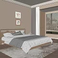 Cozy Neutral Bedroom With Wooden Bed Frame Wall Art White Gray Bedding And Large Window