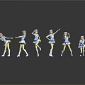 Game And Movie Characters In Blue And Yellow Dresses With Multiple Dancing Poses And Reflections 3d model