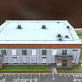 Modern Hospital Building With Flat Roof Parking Area Green Lawn And Vehicles
