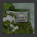 Traditional Ancient Architecture Model With Multi Tiered Tower And Lush Greenery Surroundings