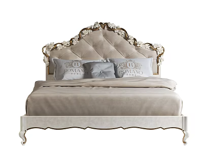 Elegant Ornate Double Bed with Upholstered Headboard Carved Details and Light Brown Bedding 3d model