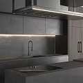 Modern Kitchen Interior With Dark Wooden Cabinets And Island Counter Lighting