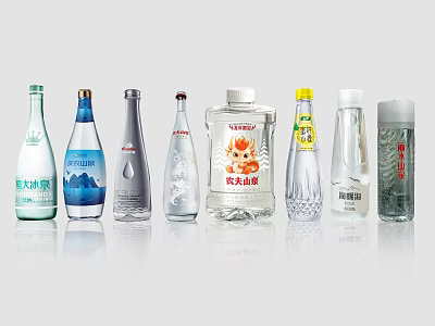 Various Bottled Water Brands With Different Clear Bottle Designs On 3d model