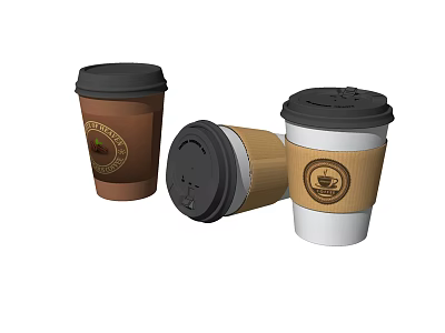 Takeaway Coffee Cups With Black Lids And Paper Sleeves Brown White Design 3d model