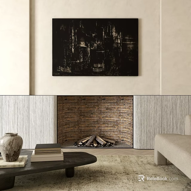 Brick Fireplace With Firewood And Above Painting Near Sofa Coffee Table With Vase And Books 3d model 