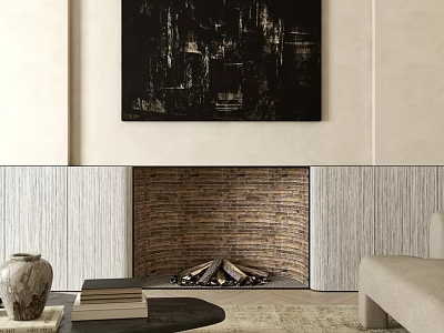 Brick Fireplace With Firewood And Above Painting Near Sofa Coffee Table With Vase And Books 3d model