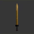 Golden Decorative Sword With Engraved Blade Red Gemstone Base And Gray Background