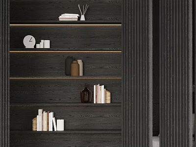 Modern Dark Colored Shelf Unit With Books And Decorative Items On Multiple Shelves 3d model