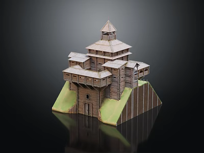Ancient Wooden Architecture Model With Tower Multi Level Platforms And Green Base 3d model