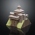 Ancient Wooden Architecture Model With Tower Multi Level Platforms And Green Base 3d model