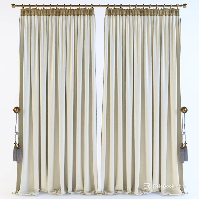Elegant Ivory Linen Curtains With Brass Hooks And Tassel Tiebacks 3d model 