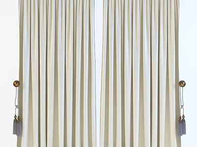 Elegant Ivory Linen Curtains With Brass Hooks And Tassel Tiebacks 3d model