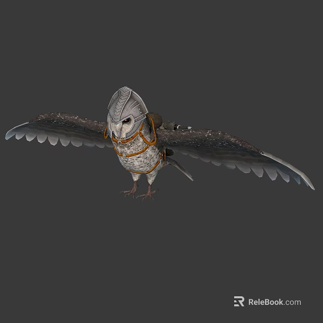 Armored Owl 3D Fantasy Flying Creature with Spread Wings and Decorative Harness Design 3d model 
