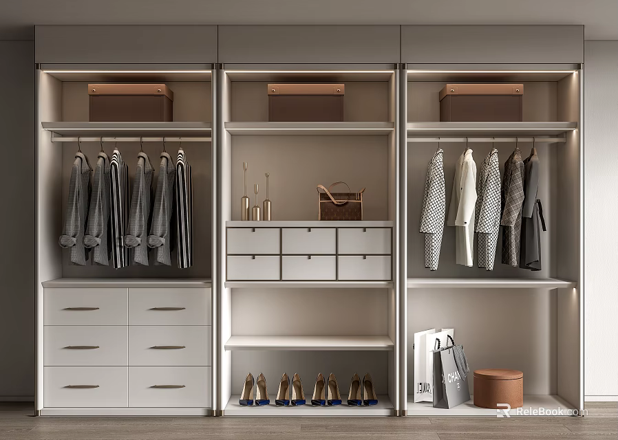 Modern Wardrobe Interior Design With Hanging Clothes Drawers Shoes And Storage Boxes 3d model 