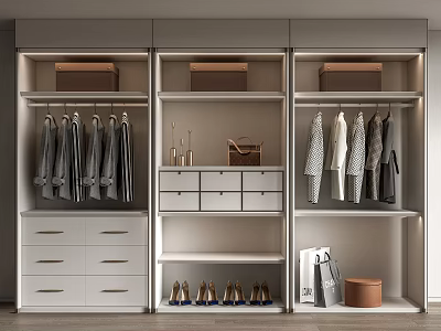 Modern Wardrobe Interior Design With Hanging Clothes Drawers Shoes And Storage Boxes 3d model