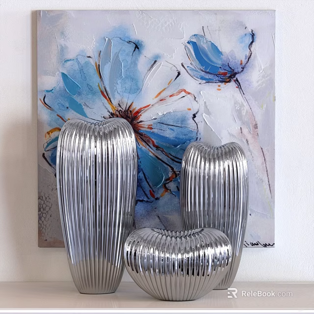 Three Silver Ribbed Vases Displayed With Blue Floral Painting On White Background 3d model 