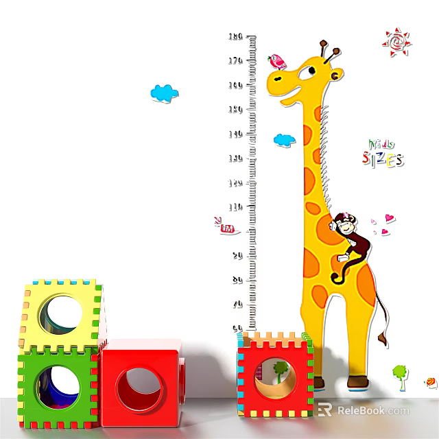 Kids Room Wall Decor With Cartoon Giraffe Monkey Height Ruler And Colorful Blocks Clouds Stars 3d model 