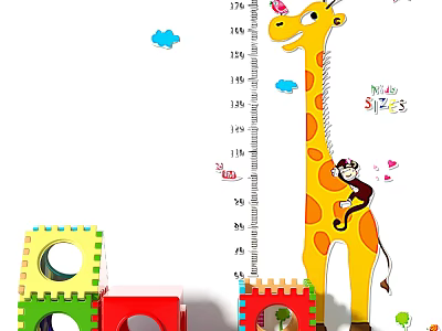 Kids Room Wall Decor With Cartoon Giraffe Monkey Height Ruler And Colorful Blocks Clouds Stars 3d model