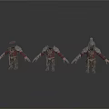 Three Armor Character Models With Different Helmets Crimson Outfits And Golden Details In Standing Poses