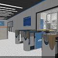 Basketball Gym Entrance With Blue Turnstiles Digital Screens And Reception Area